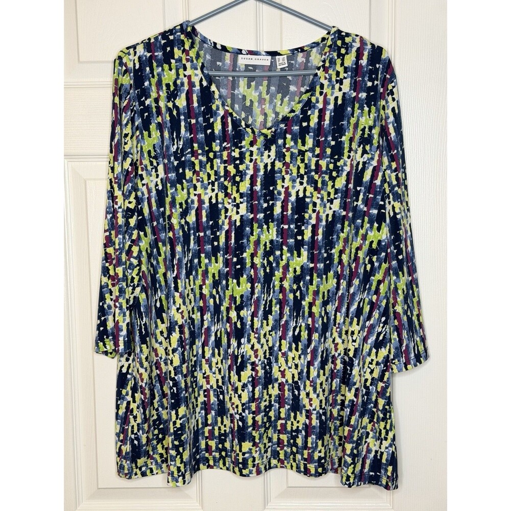 MINT Susan Graver Abstract Art design Green Blue Shirt Top Womens 2X XXL 2XL